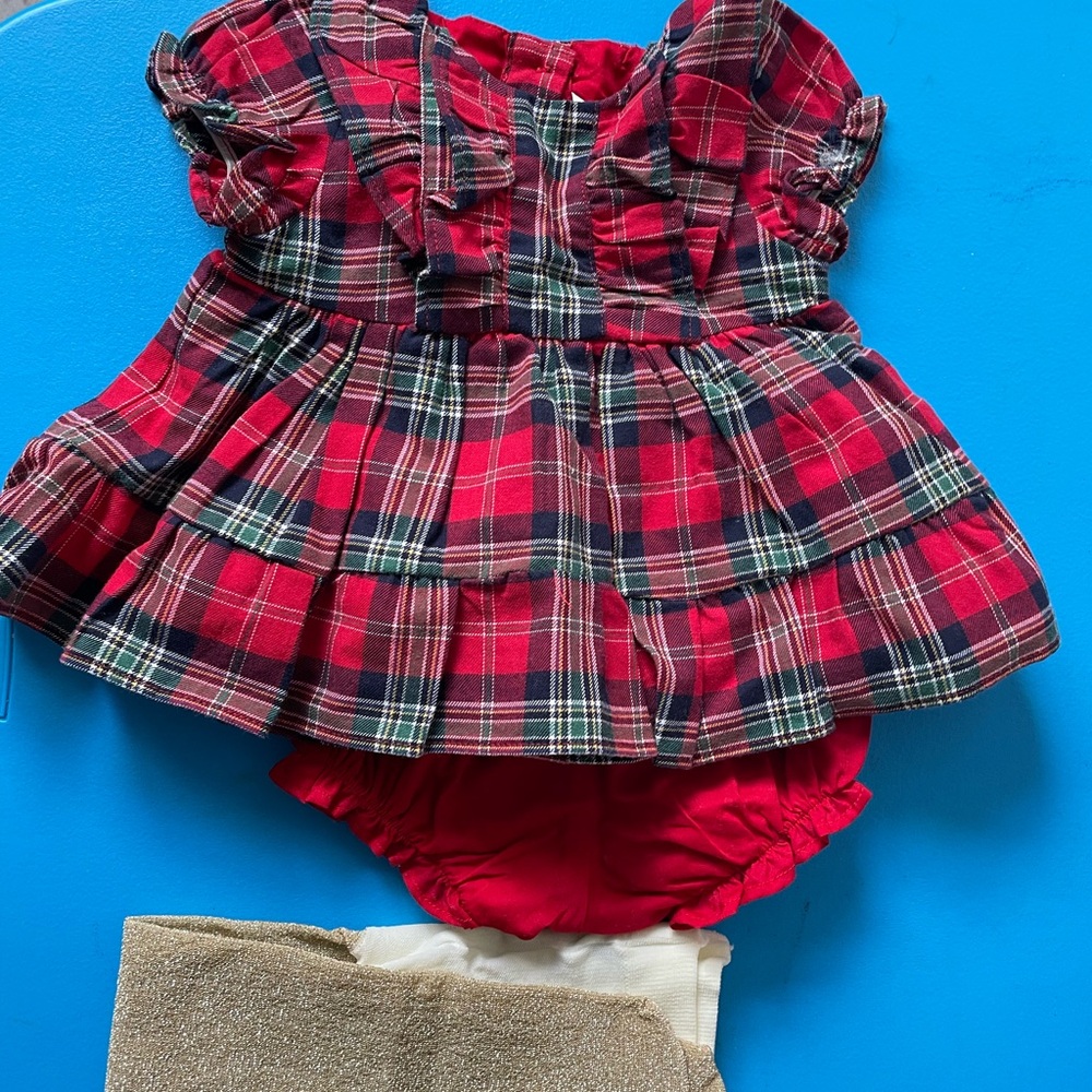 Jane & Jack Plaid Red Kids Matching Set with Diaper Cover and gold tights